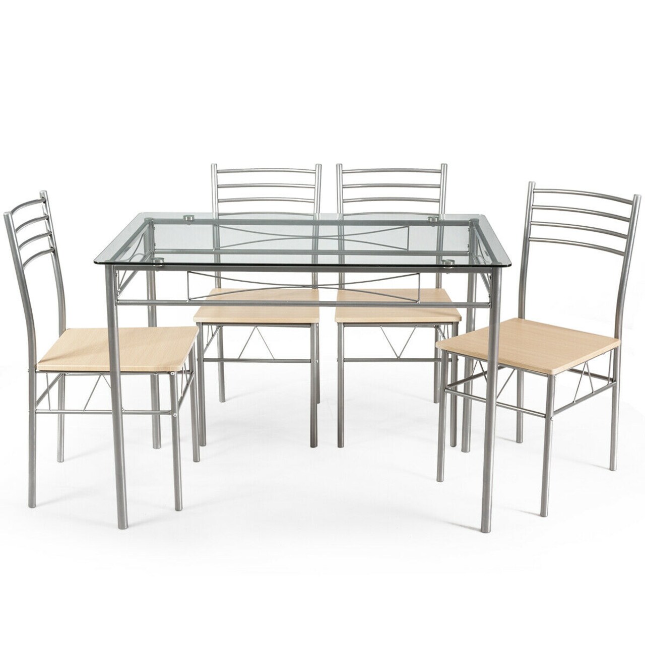 5 Pieces Dining Set Glass Table and 4 Chairs with Shelf Below The Top